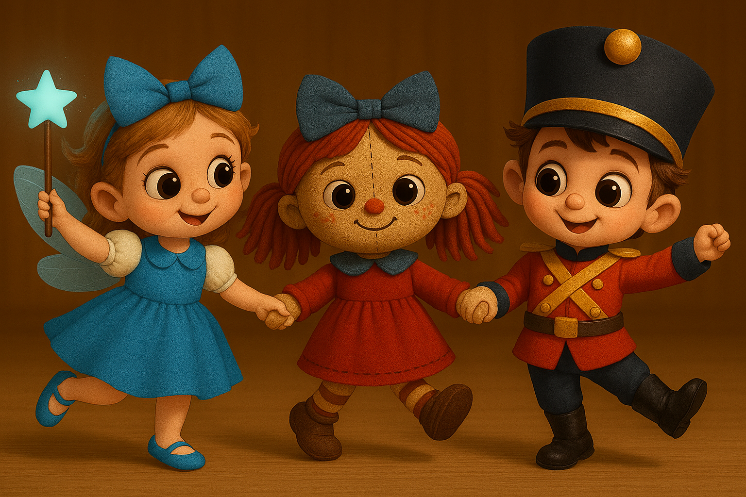 Happy dancers posing with colorful toys